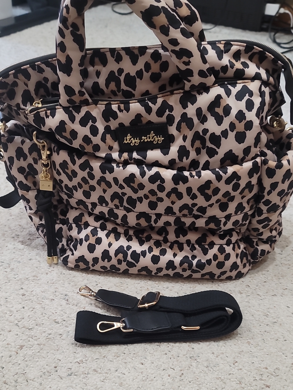 Itzy Ritzy Beige & Black Leopard Quilted Tote with Detachable Strap